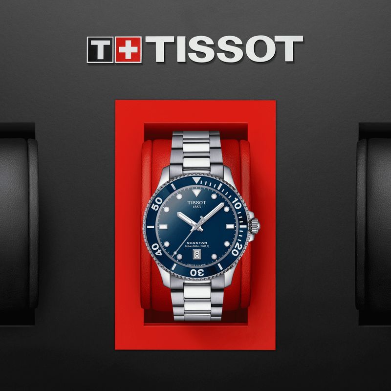 ⇨ Reloj Tissot Seastar en acero y esfera azul, 40 mm. T1204101104100.