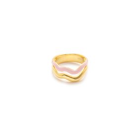 Anillo Carmín Doble Onda de Plata 925 con Baño Dorado Combinado con Esmaltado Rosa