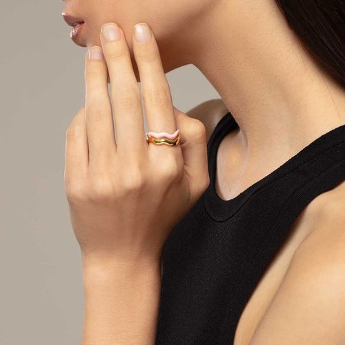 Anillo Carmín Doble Onda de Plata 925 con Baño Dorado Combinado con Esmaltado Rosa