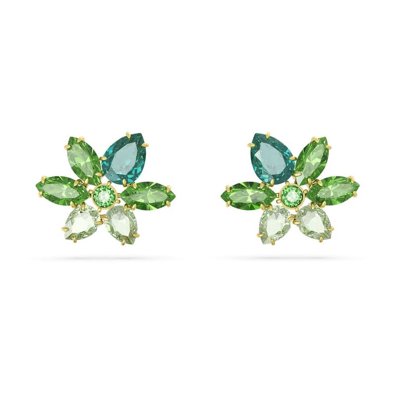 Pendientes-de-boton-Gema-Tallas-mixtas-Flor-Verdes-Baño-tono-oro