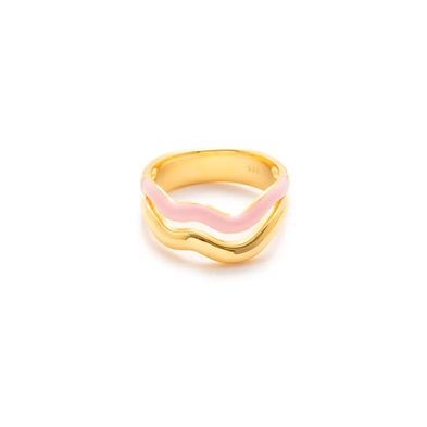 Anillo Carmín Doble Onda de Plata 925 con Baño Dorado Combinado con Esmaltado Rosa