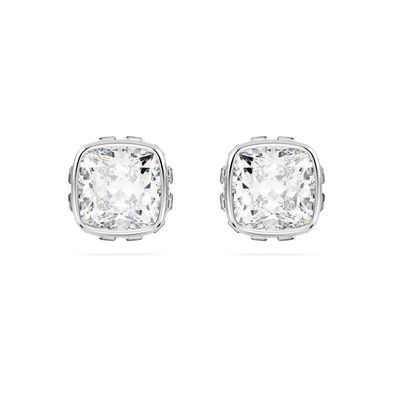 Pendientes de Botón Swarovski Birthstone, Talla Cuadrada, Abril, Blancos, Recubrimiento en Rodio