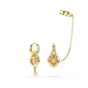Pendientes de gota con pendiente ear cuff Idyllia, Tallas mixtas, Corazón con llave, Rosa, Baño tono oro